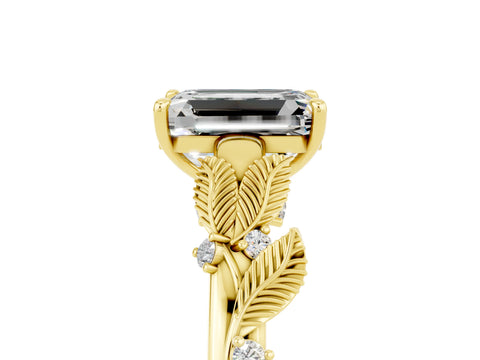 Yellow gold Emerald Cut Moissanite Solitaire Ring with Leaf Motif Band and Four-Prong Setting_5