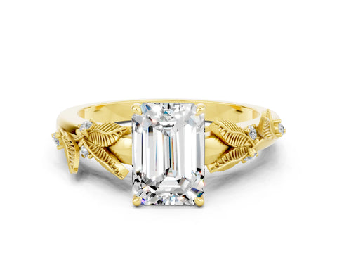 Yellow gold Emerald Cut Moissanite Solitaire Ring with Leaf Motif Band and Four-Prong Setting