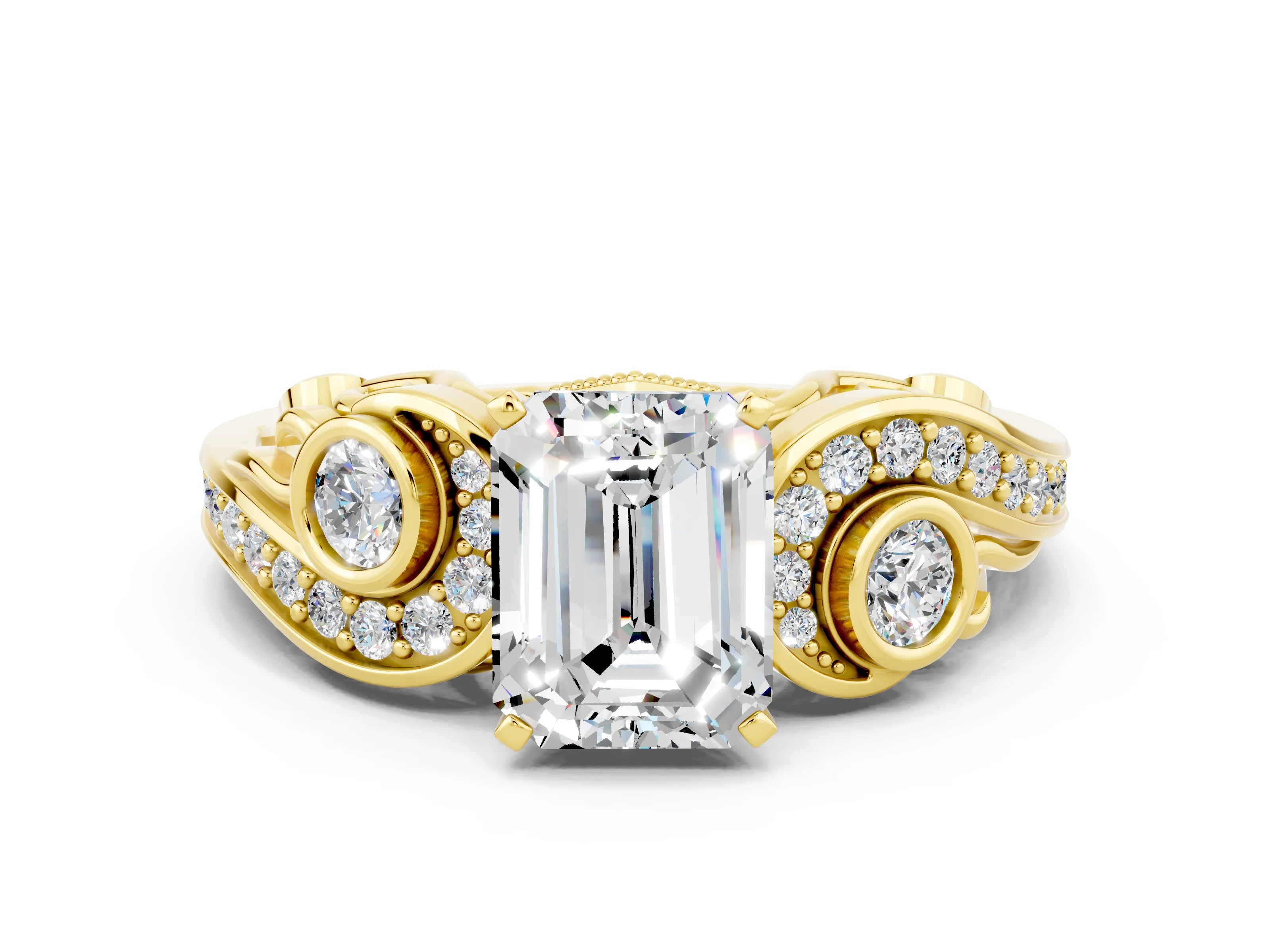 Yellow gold Emerald Cut Moissanite Solitaire Ring with Milgrain Pavé Band and Four-Prong Setting_24