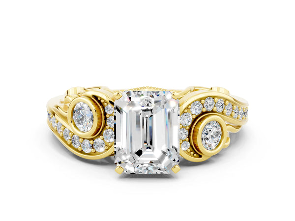 Yellow gold Emerald Cut Moissanite Solitaire Ring with Milgrain Pavé Band and Four-Prong Setting