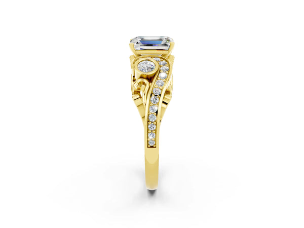 Yellow gold Emerald Cut Moissanite Solitaire Ring with Milgrain Pavé Band and Four-Prong Setting