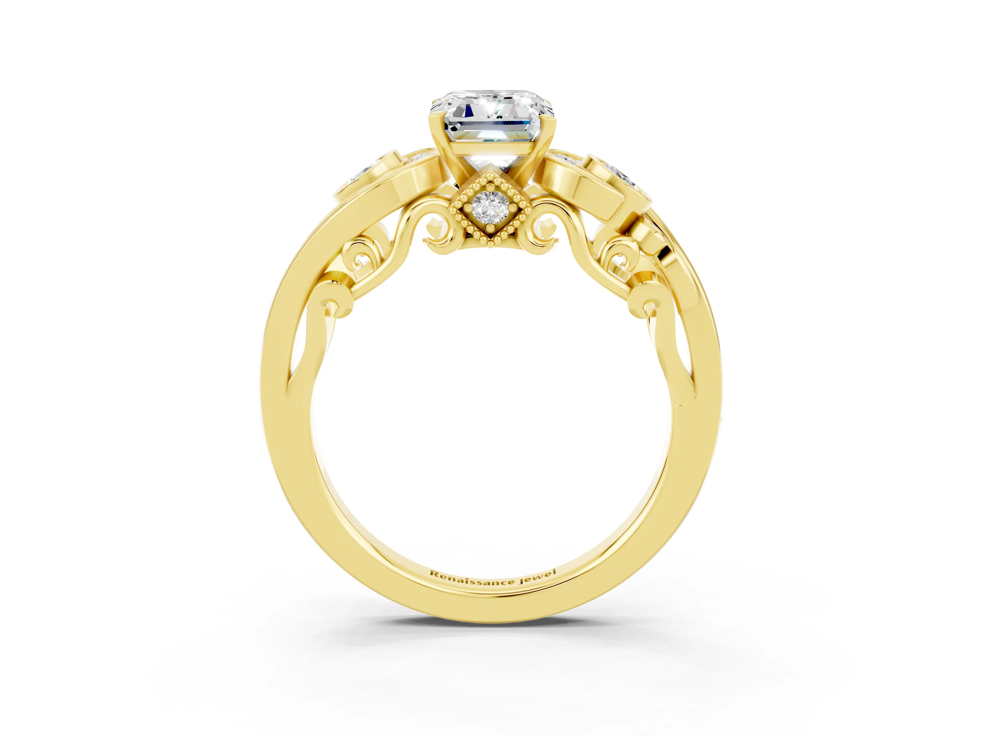 Yellow gold Emerald Cut Moissanite Solitaire Ring with Milgrain Pavé Band and Four-Prong Setting_27