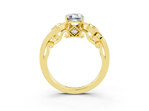 Yellow gold Emerald Cut Moissanite Solitaire Ring with Milgrain Pavé Band and Four-Prong Setting_27