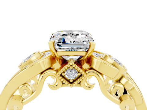 Yellow gold Emerald Cut Moissanite Solitaire Ring with Milgrain Pavé Band and Four-Prong Setting_28