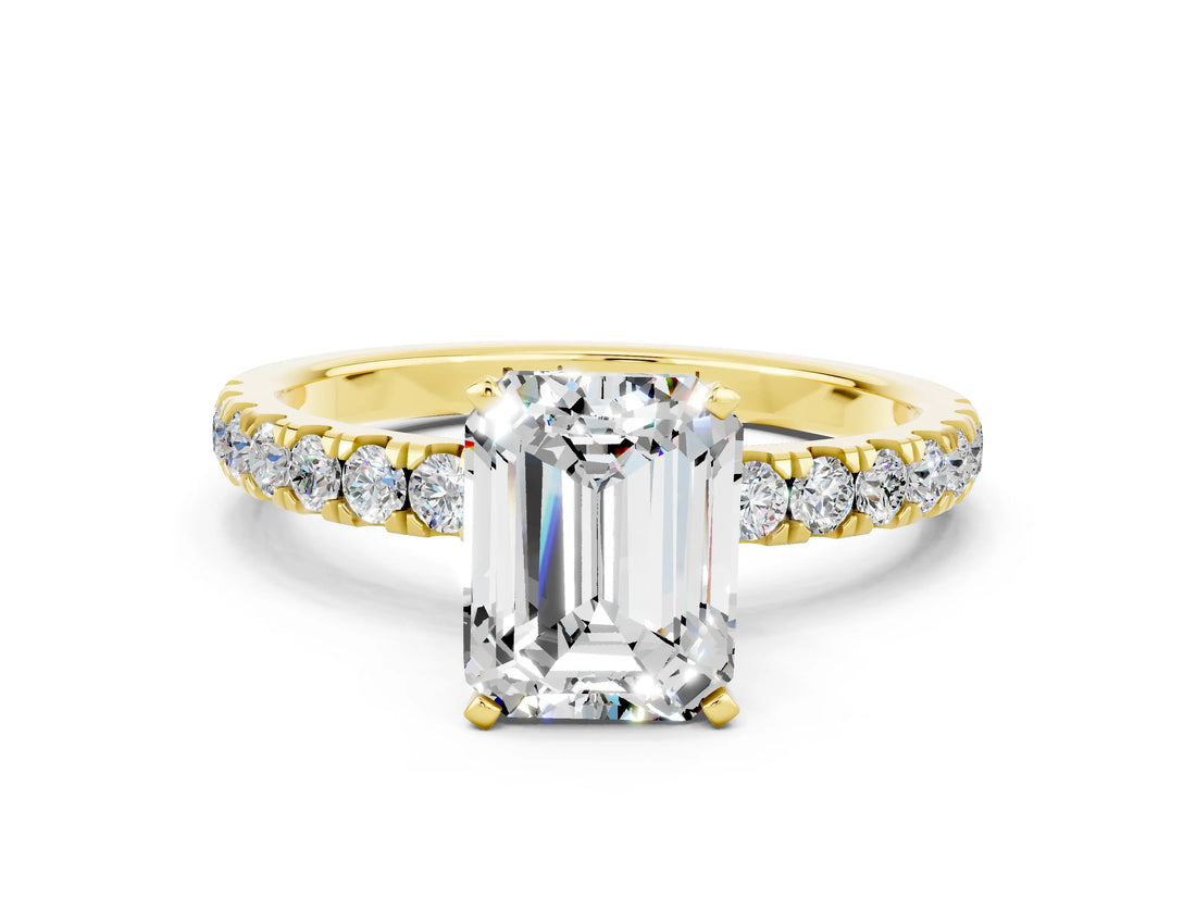 Yellow gold Emerald Cut Moissanite Solitaire Ring with Pavé Accents and Four-Prong Setting
