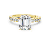 Yellow gold Emerald Cut Moissanite Solitaire Ring with Pavé Accents and Four-Prong Setting