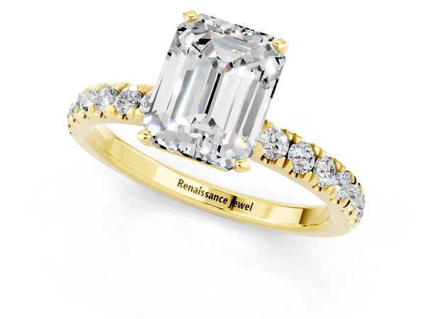 Yellow gold Emerald Cut Moissanite Solitaire Ring with Pavé Accents and Four-Prong Setting