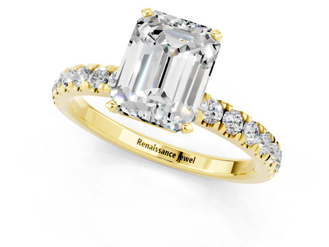 Yellow gold Emerald Cut Moissanite Solitaire Ring with Pavé Accents and Four-Prong Setting_1