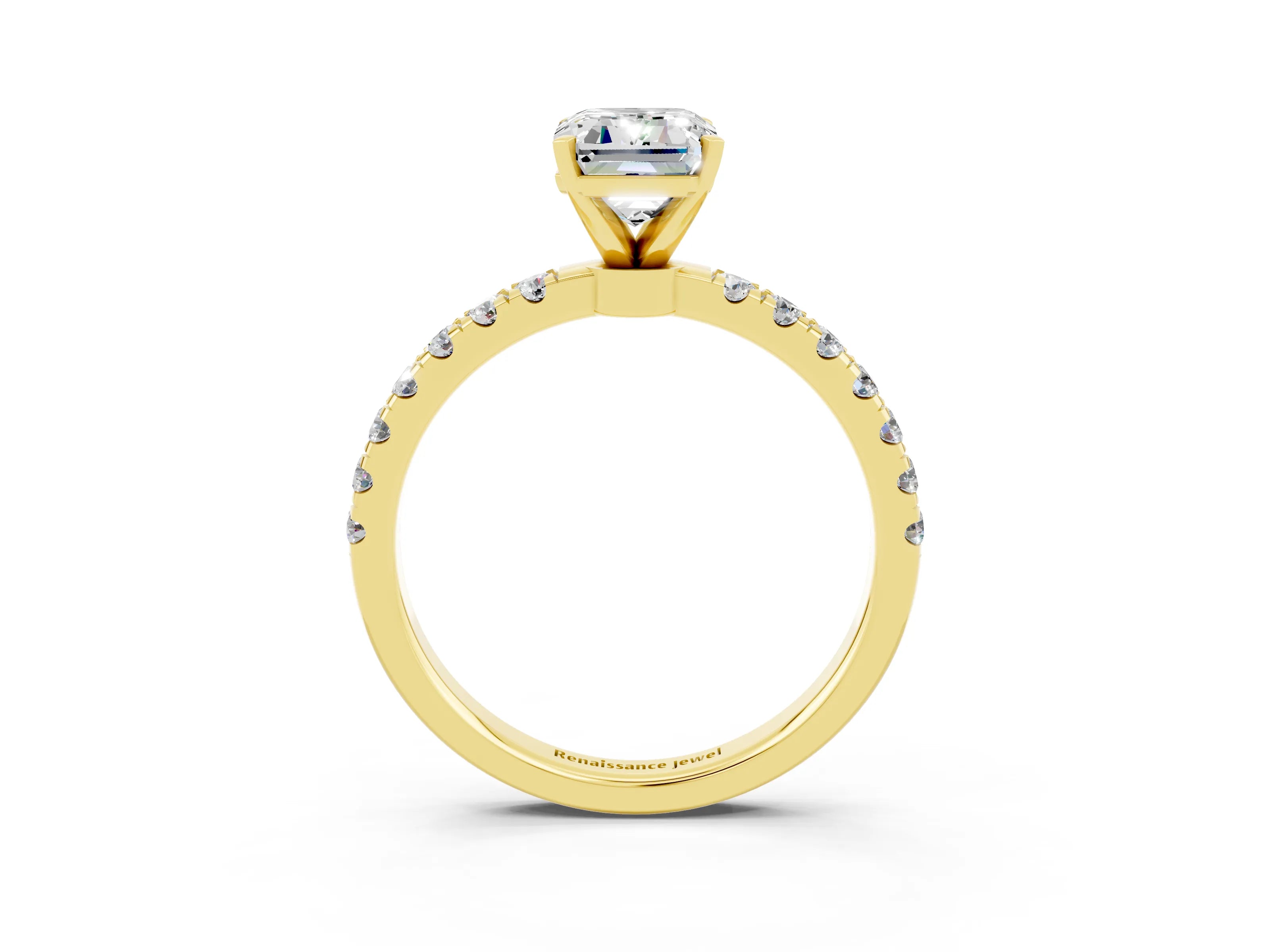 Yellow gold Emerald Cut Moissanite Solitaire Ring with Pavé Accents and Four-Prong Setting_3