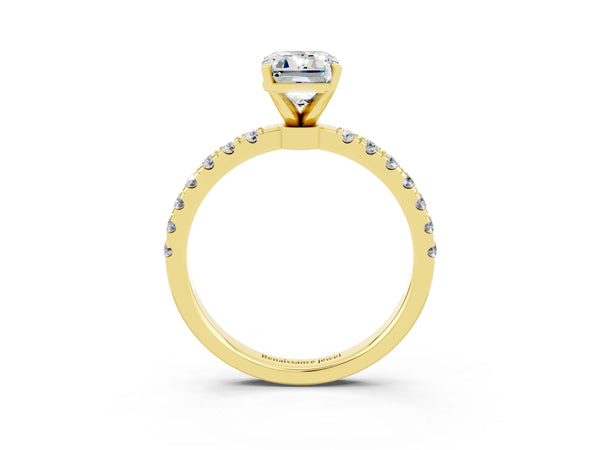 Yellow gold Emerald Cut Moissanite Solitaire Ring with Pavé Accents and Four-Prong Setting