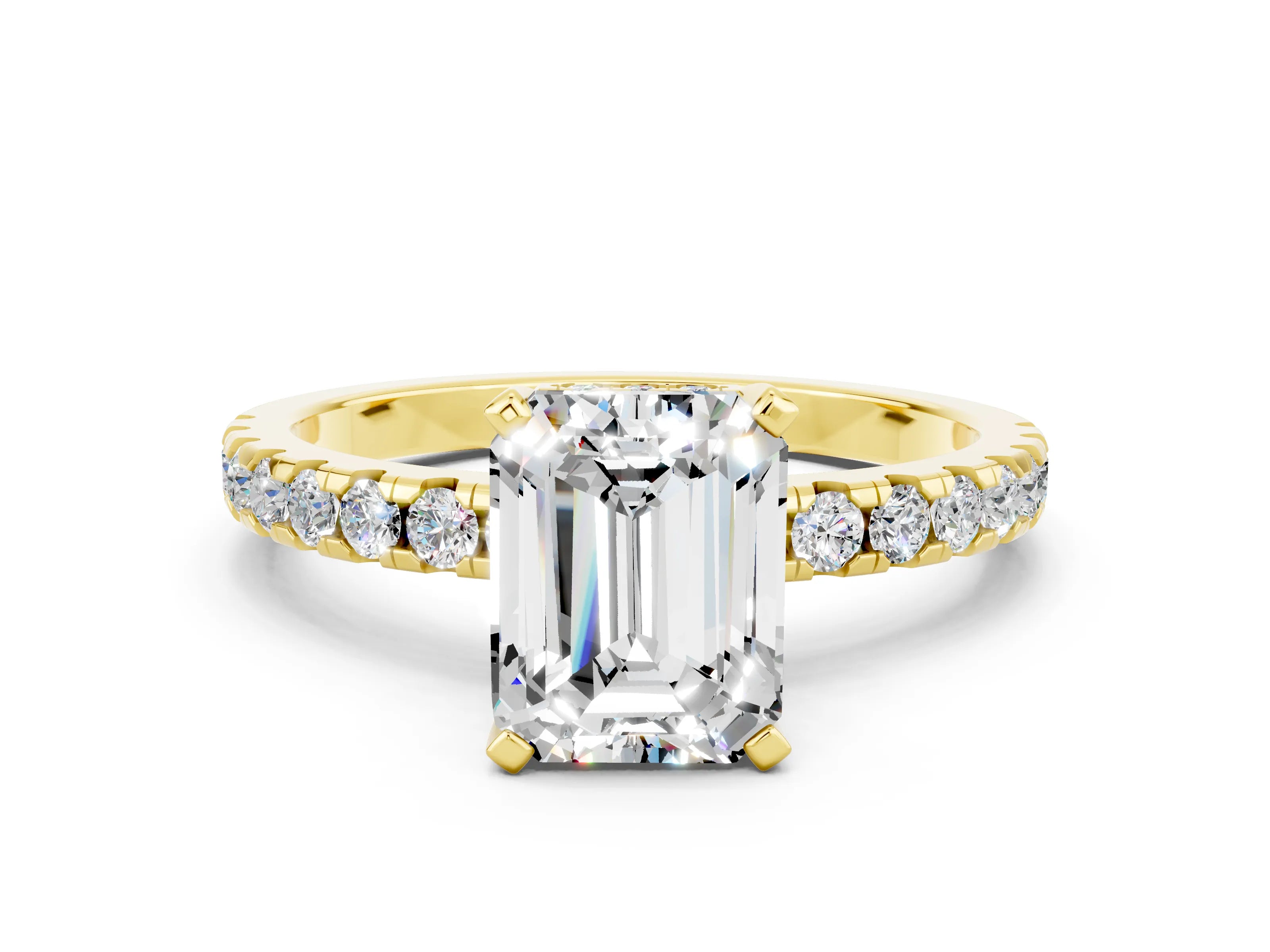 Yellow gold Emerald Cut Moissanite Solitaire Ring with Pavé Band and Four-Prong Setting_24