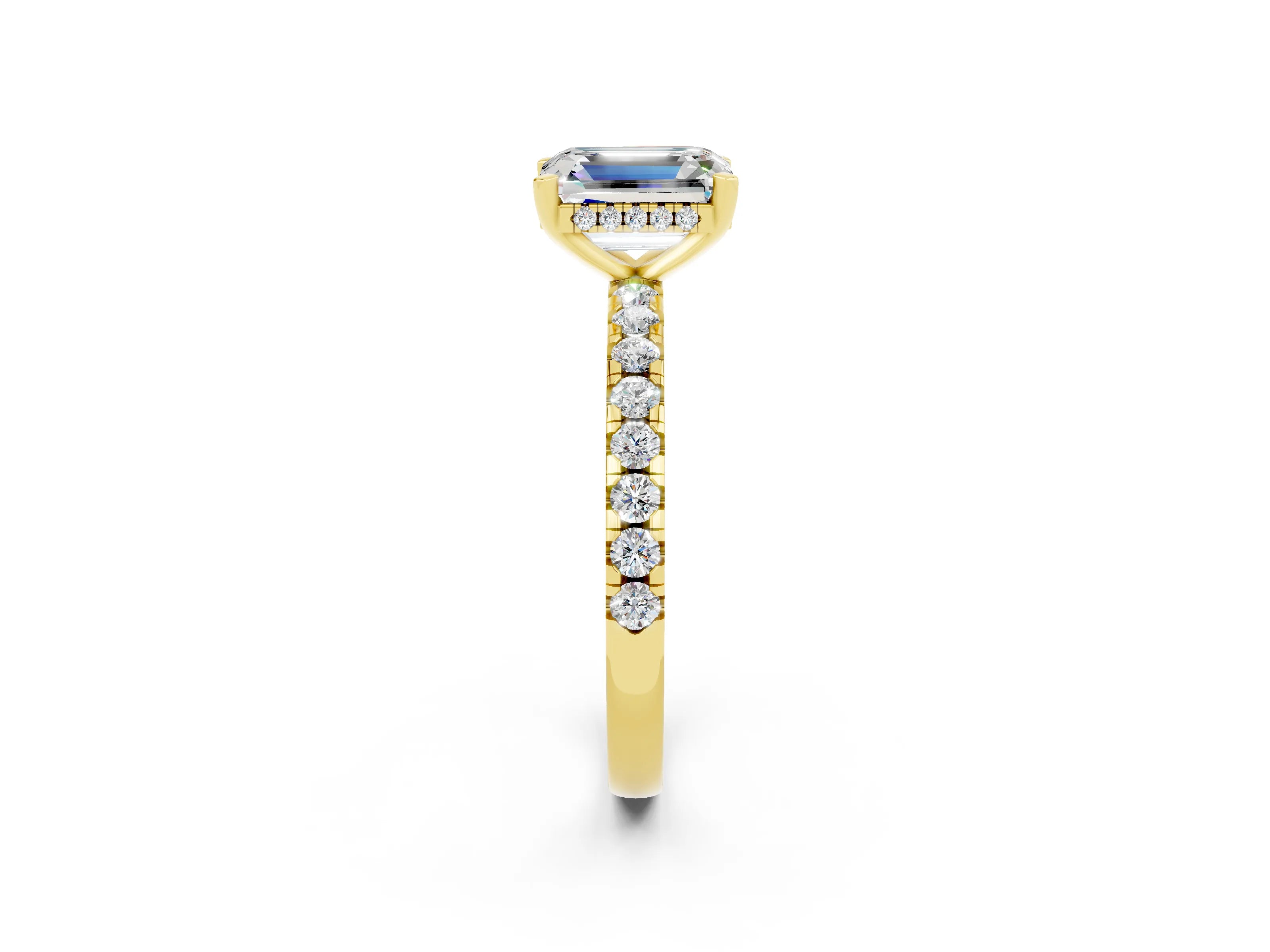 Yellow gold Emerald Cut Moissanite Solitaire Ring with Pavé Band and Four-Prong Setting_26