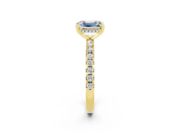 Yellow gold Emerald Cut Moissanite Solitaire Ring with Round  Pavé Band and Four-Prong Setting