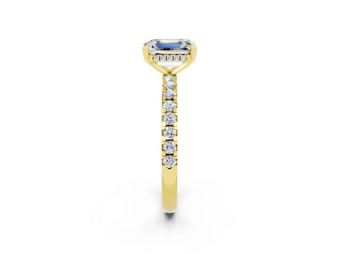 Yellow gold Emerald Cut Moissanite Solitaire Ring with Pavé Band and Four-Prong Setting_26