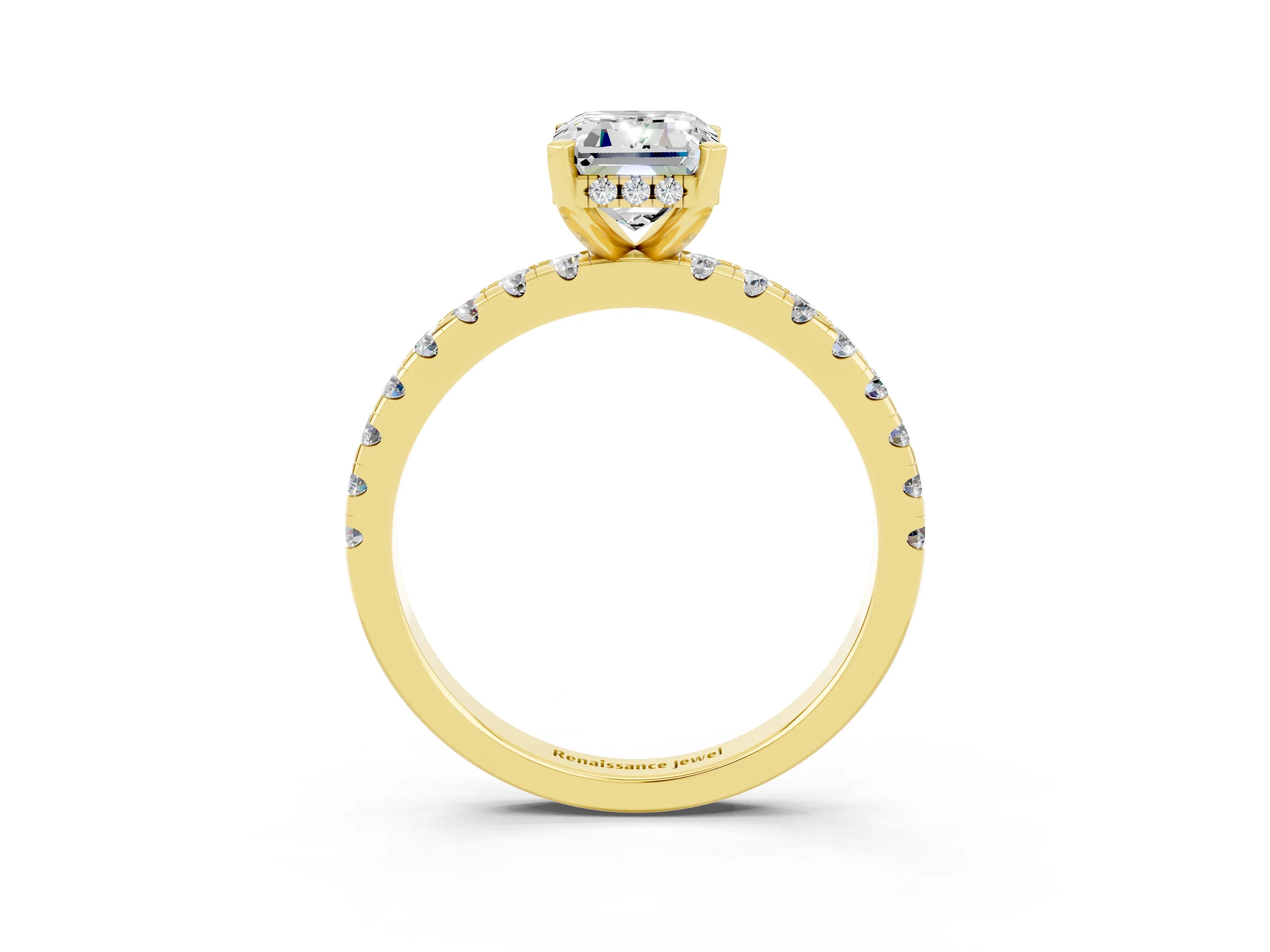 Yellow gold Emerald Cut Moissanite Solitaire Ring with Pavé Band and Four-Prong Setting_27