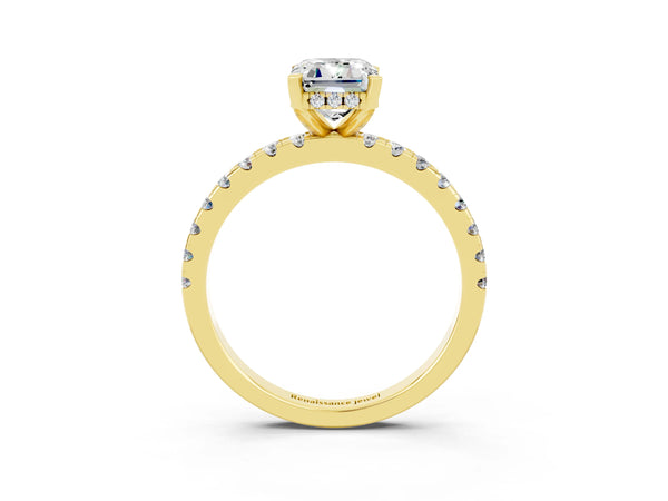 Yellow gold Emerald Cut Moissanite Solitaire Ring with Round  Pavé Band and Four-Prong Setting