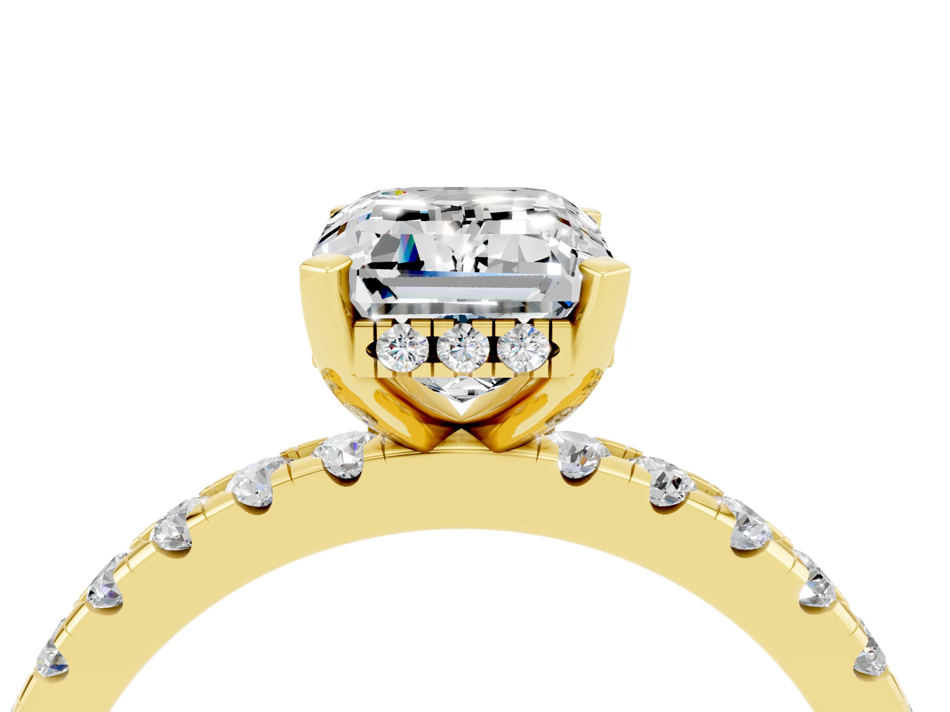 Yellow gold Emerald Cut Moissanite Solitaire Ring with Pavé Band and Four-Prong Setting_28