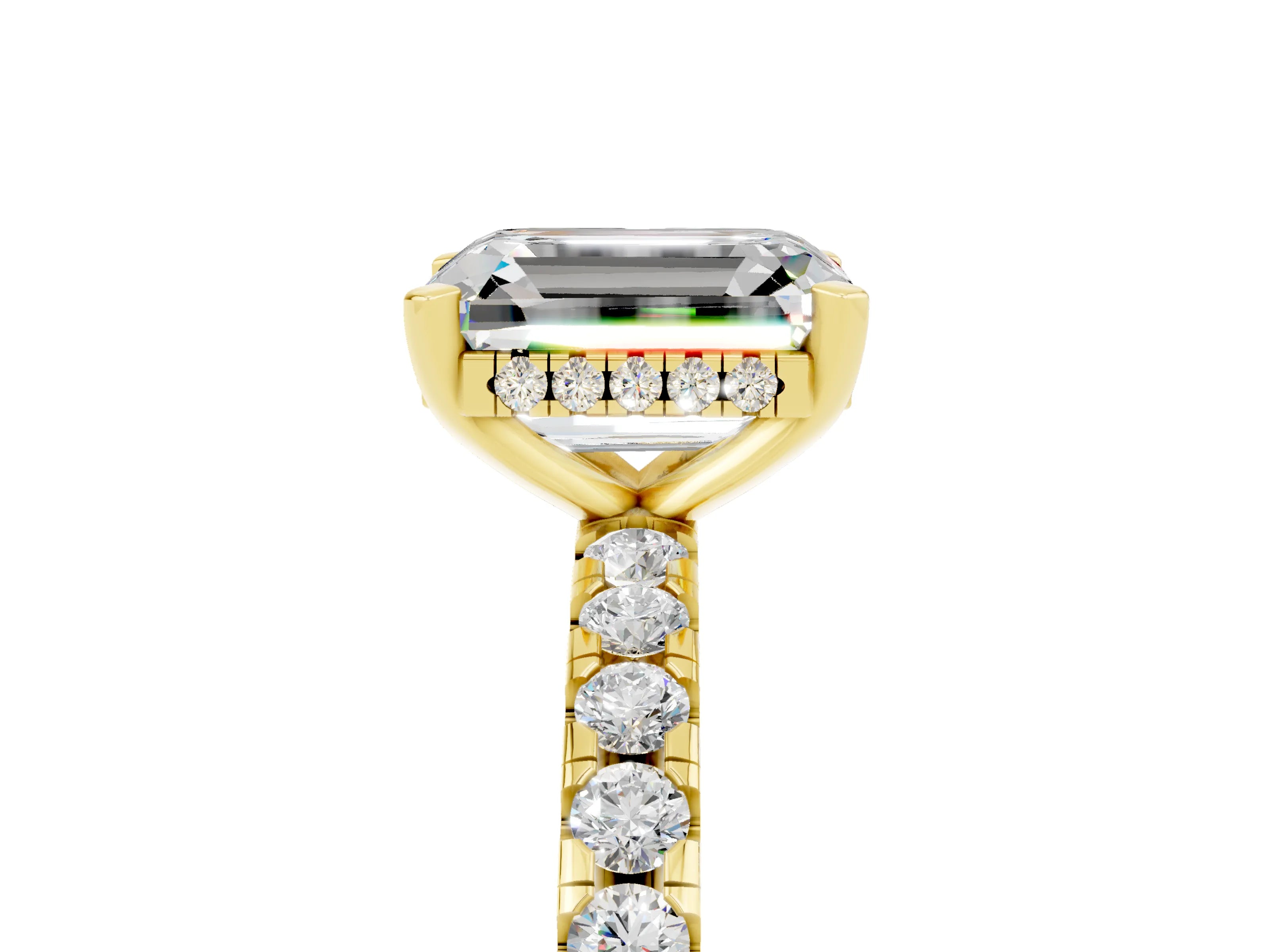 Yellow gold Emerald Cut Moissanite Solitaire Ring with Pavé Band and Four-Prong Setting_29