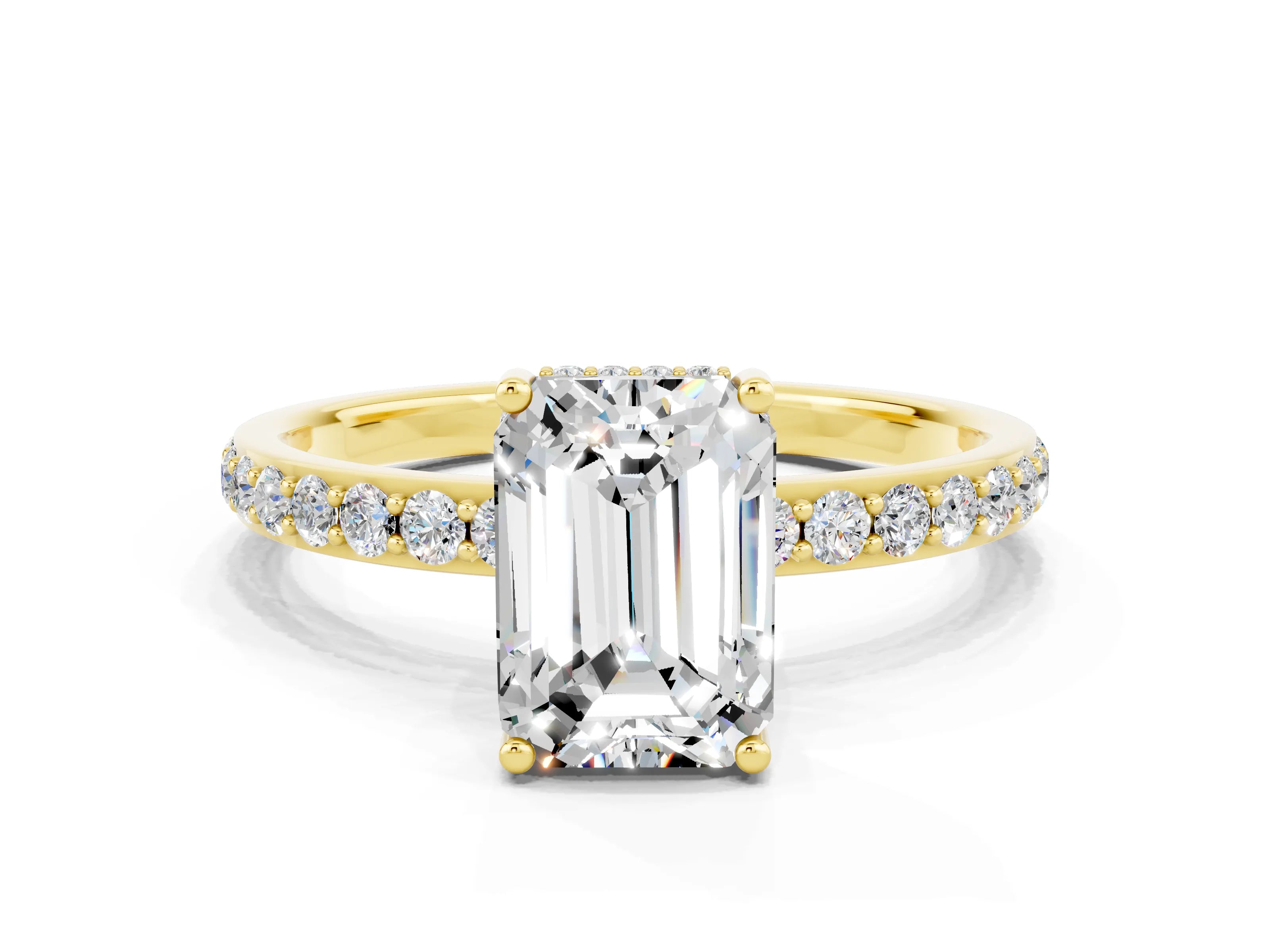 Yellow gold Emerald Cut Moissanite Solitaire Ring with Pavé Band and Hidden Halo_12