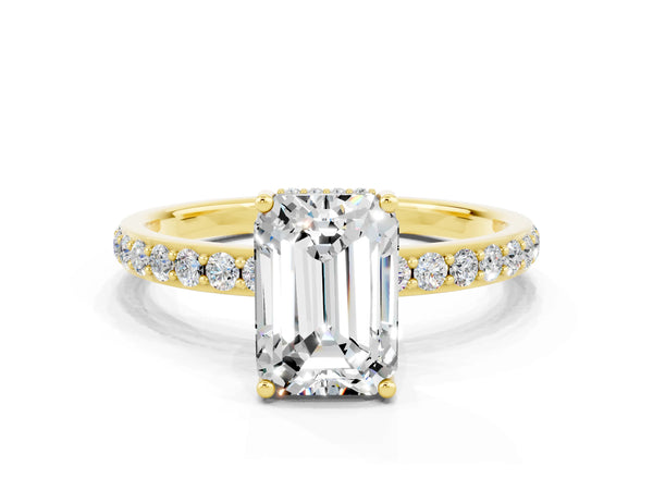 Yellow gold Emerald Cut Moissanite Solitaire Ring with Pavé Band and Hidden Halo