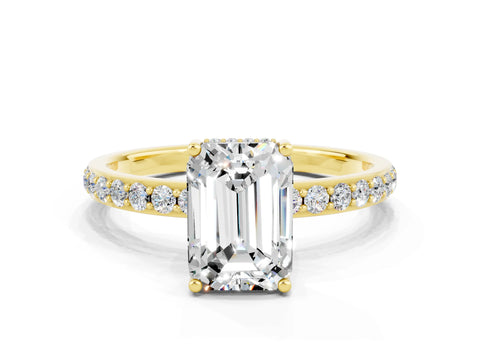 Yellow gold Emerald Cut Moissanite Solitaire Ring with Pavé Band and Hidden Halo_12