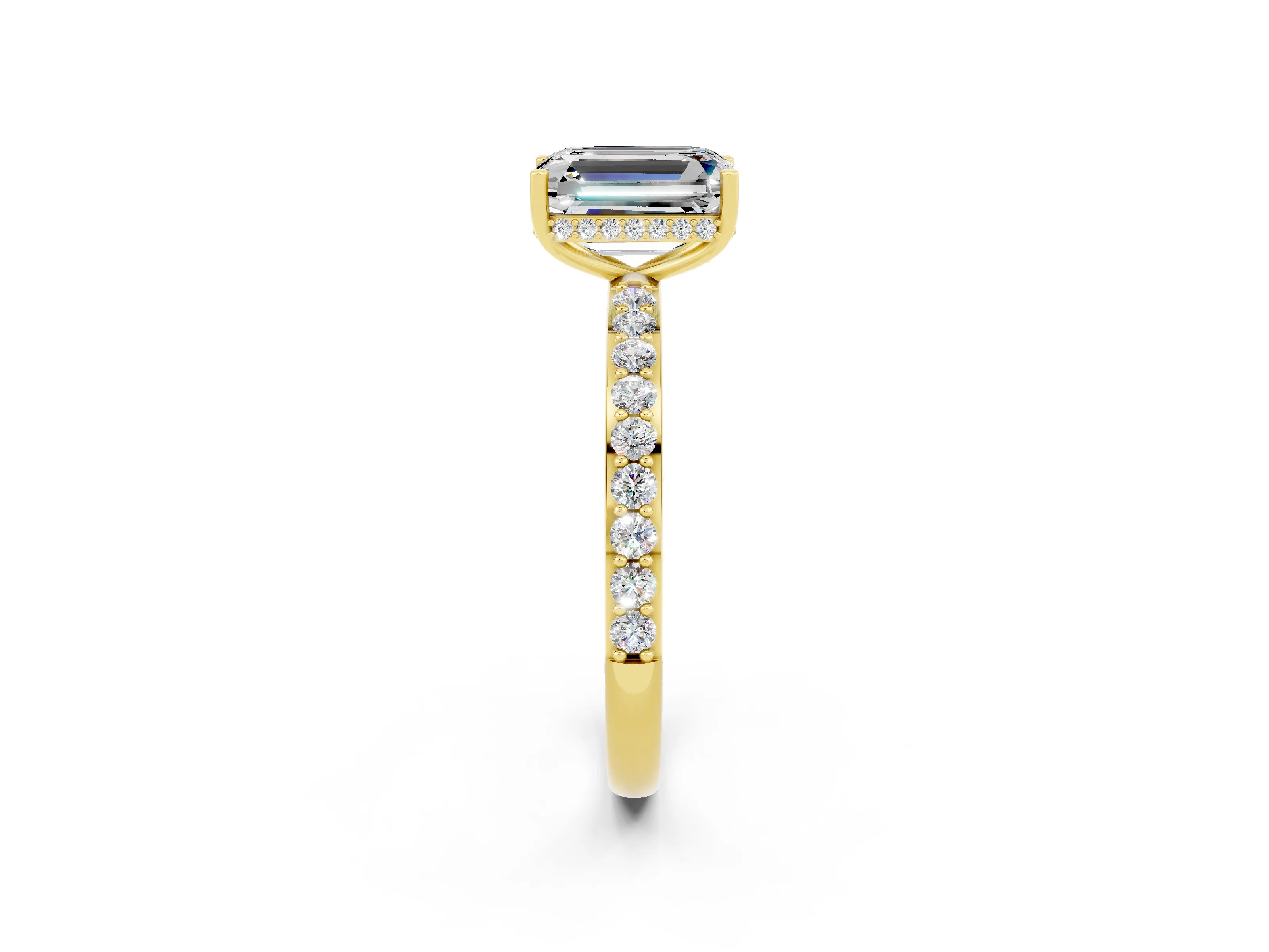 Yellow gold Emerald Cut Moissanite Solitaire Ring with Pavé Band and Hidden Halo_14