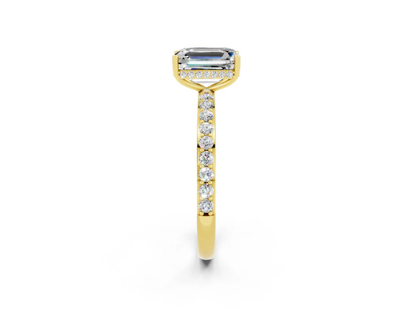 Yellow gold Emerald Cut Moissanite Solitaire Ring with Pavé Band and Hidden Halo
