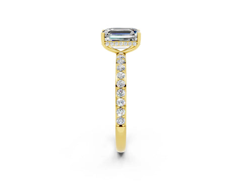 Yellow gold Emerald Cut Moissanite Solitaire Ring with Pavé Band and Hidden Halo_14
