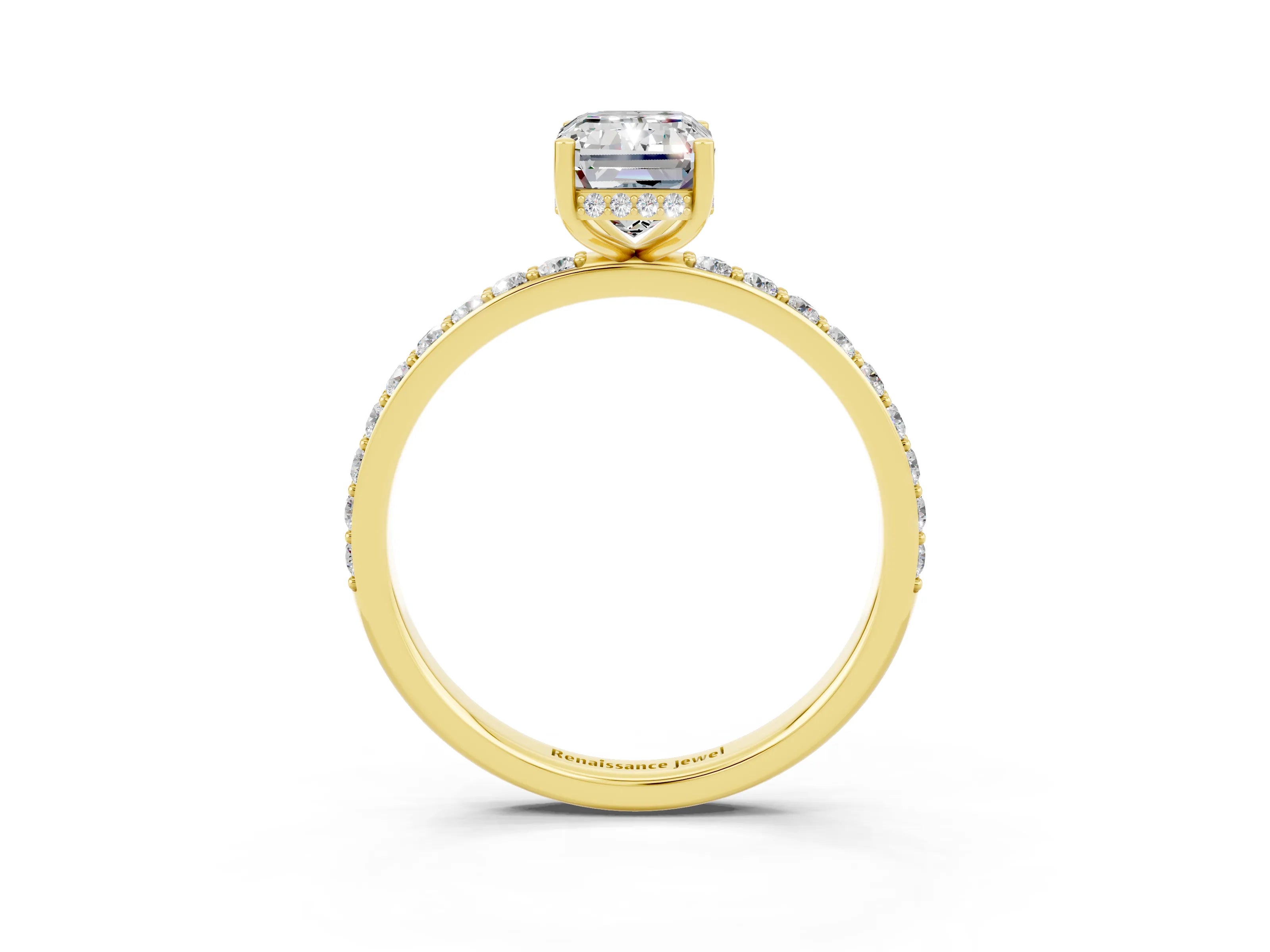 Yellow gold Emerald Cut Moissanite Solitaire Ring with Pavé Band and Hidden Halo_15