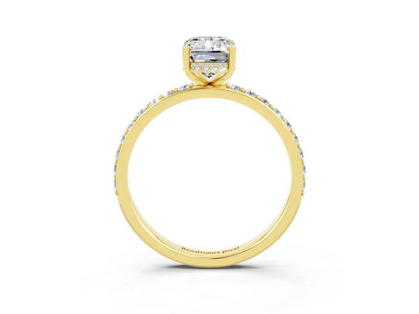 Yellow gold Emerald Cut Moissanite Solitaire Ring with Pavé Band and Hidden Halo