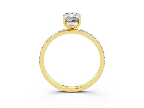 Yellow gold Emerald Cut Moissanite Solitaire Ring with Pavé Band and Hidden Halo_15