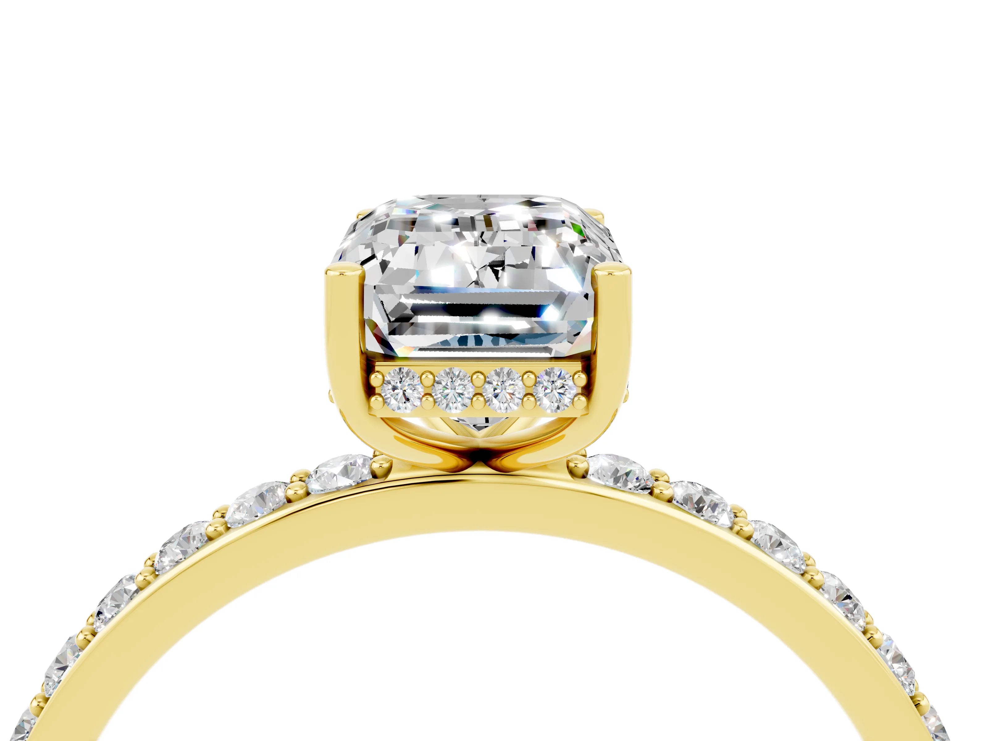 Yellow gold Emerald Cut Moissanite Solitaire Ring with Pavé Band and Hidden Halo_16