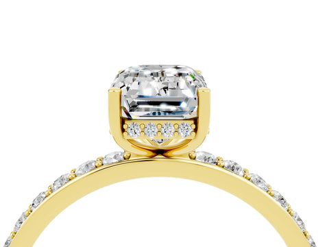 Yellow gold Emerald Cut Moissanite Solitaire Ring with Pavé Band and Hidden Halo_16