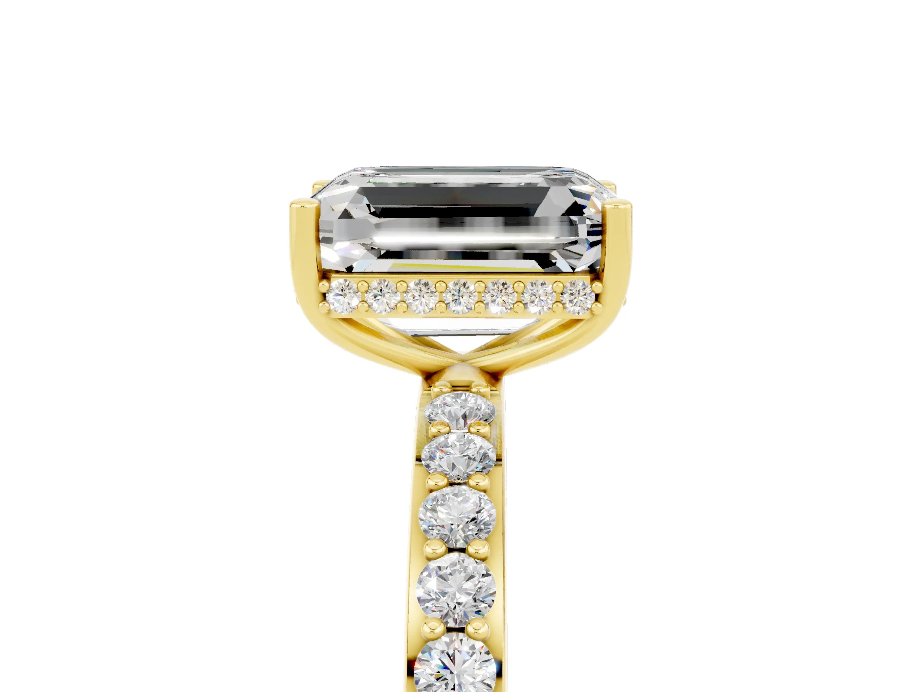 Yellow gold Emerald Cut Moissanite Solitaire Ring with Pavé Band and Hidden Halo_17