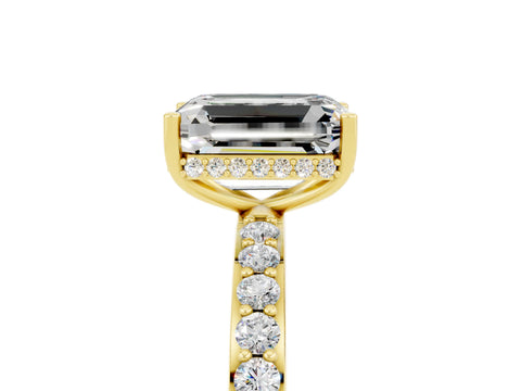 Yellow gold Emerald Cut Moissanite Solitaire Ring with Pavé Band and Hidden Halo_17