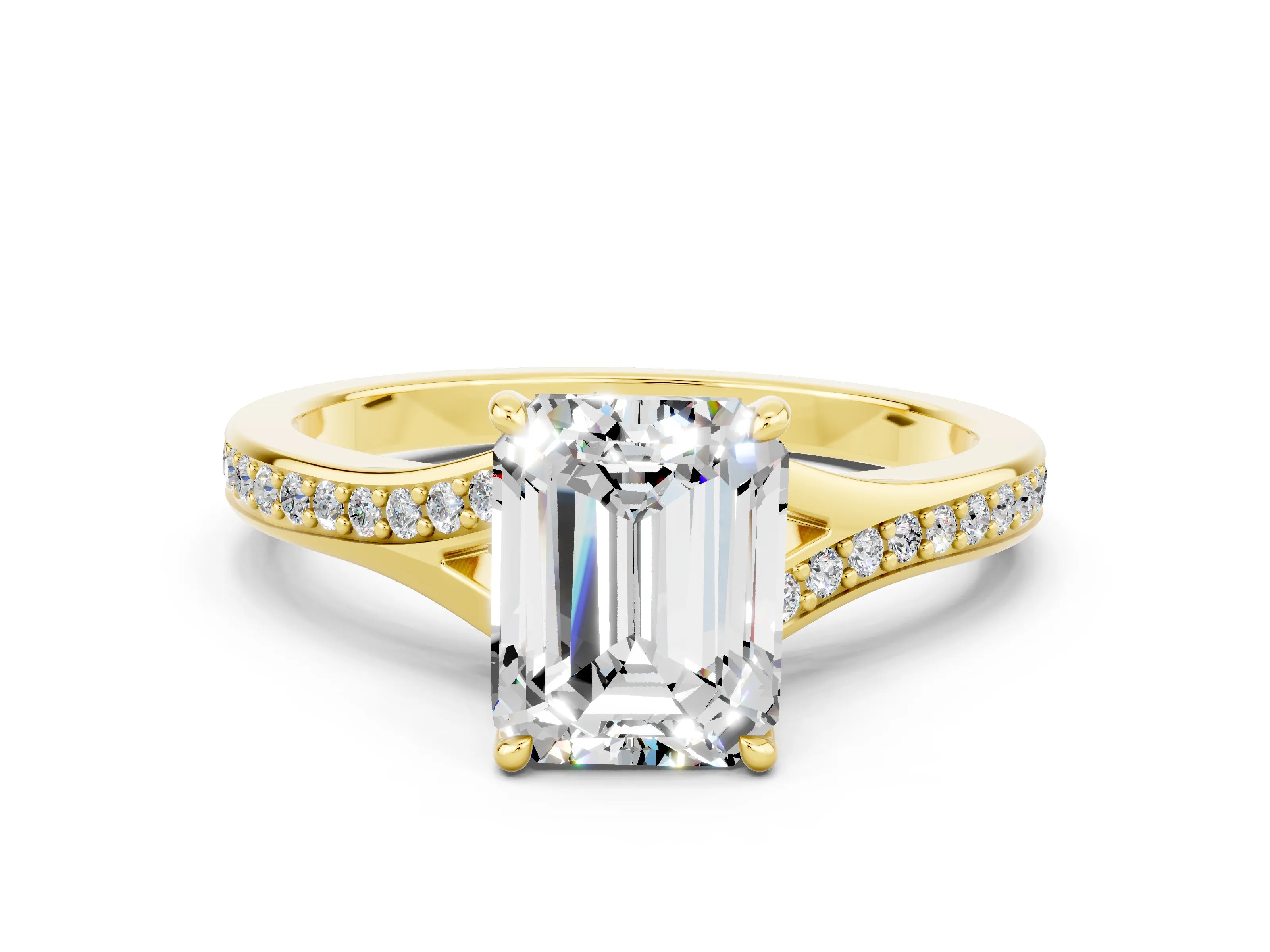 Yellow gold Emerald Cut Moissanite Solitaire Ring with Pavé Band and Prong Setting_24