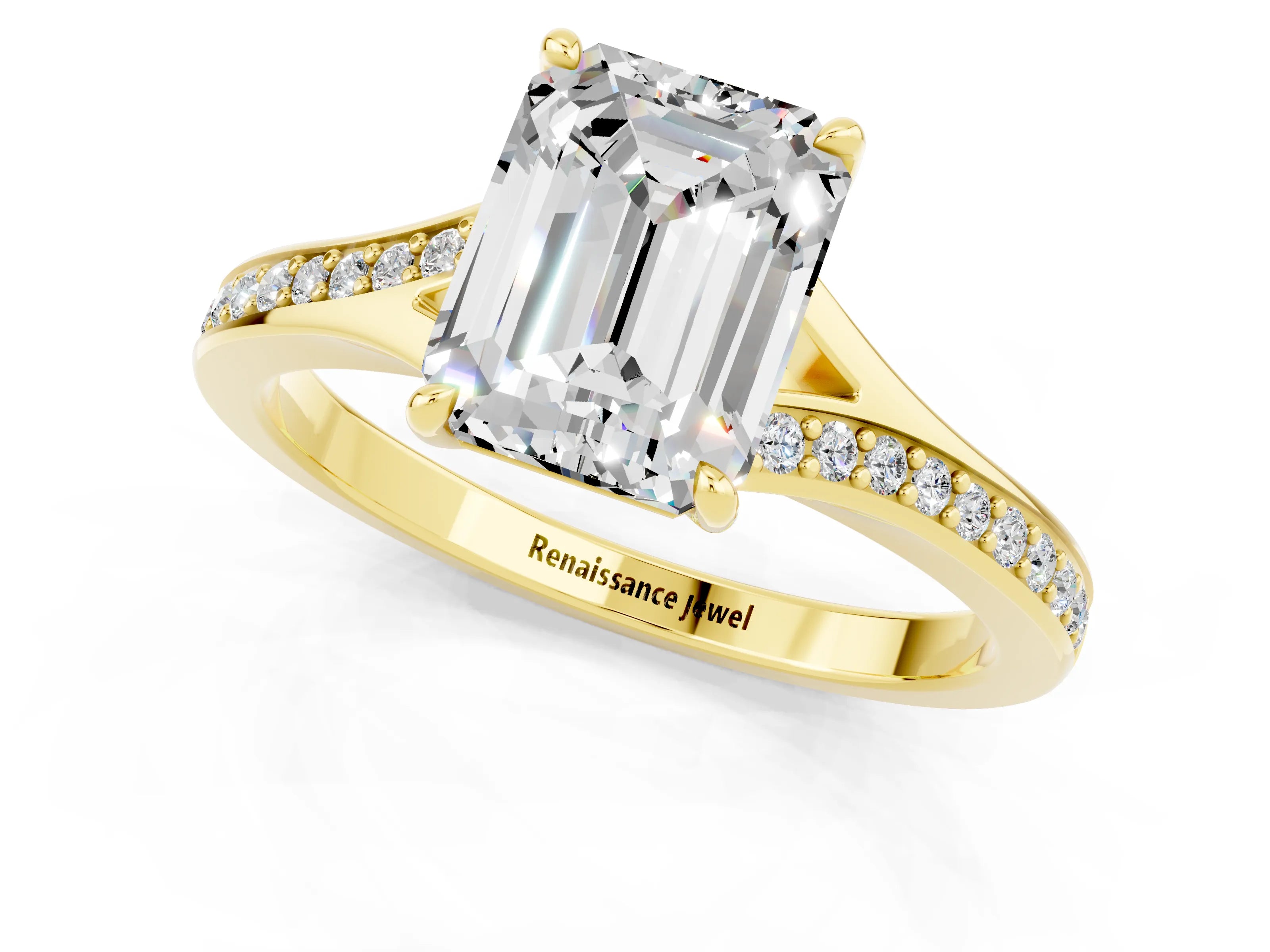 Yellow gold Emerald Cut Moissanite Solitaire Ring with Pavé Band and Prong Setting_25