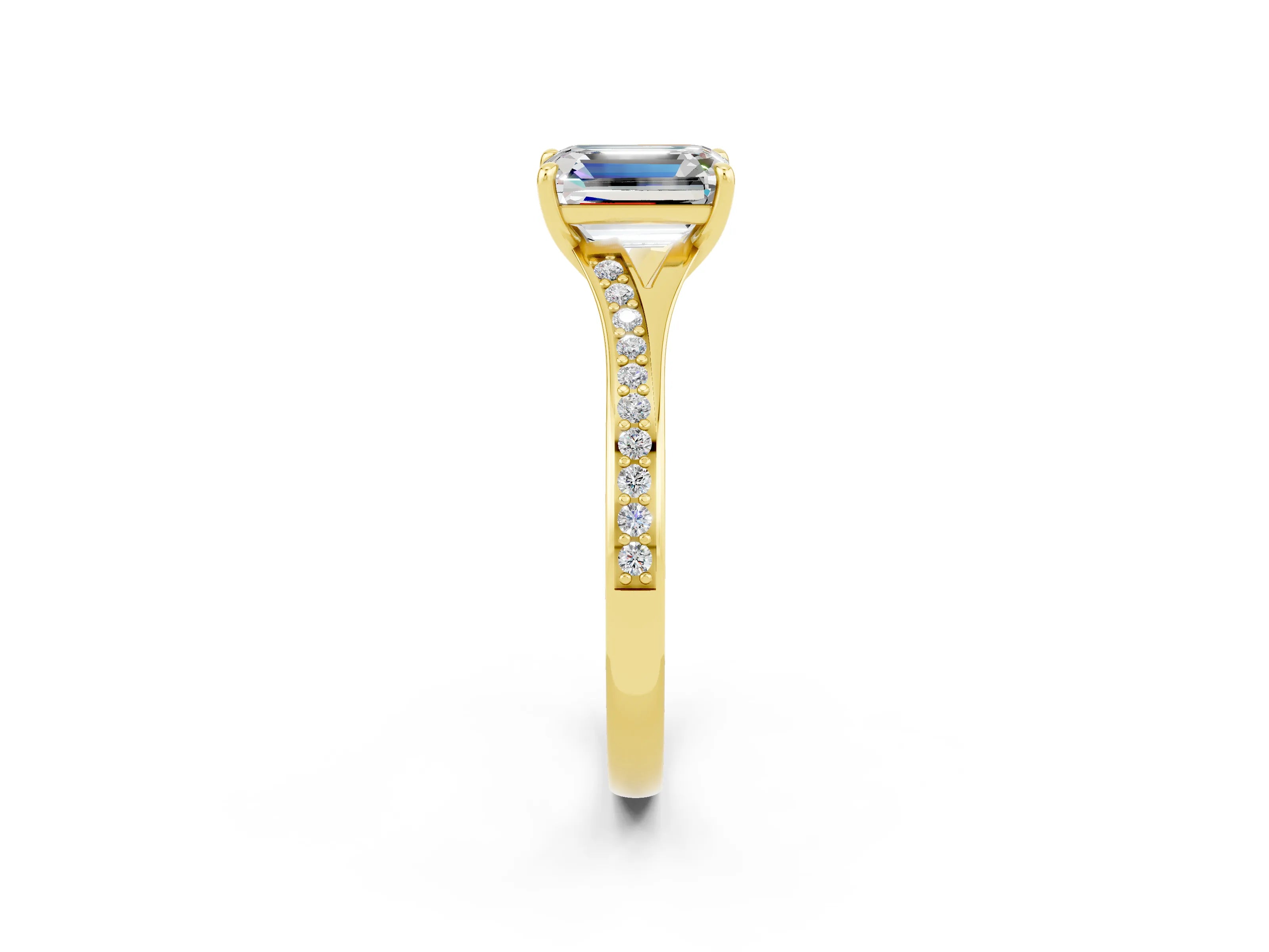 Yellow gold Emerald Cut Moissanite Solitaire Ring with Pavé Band and Prong Setting_26