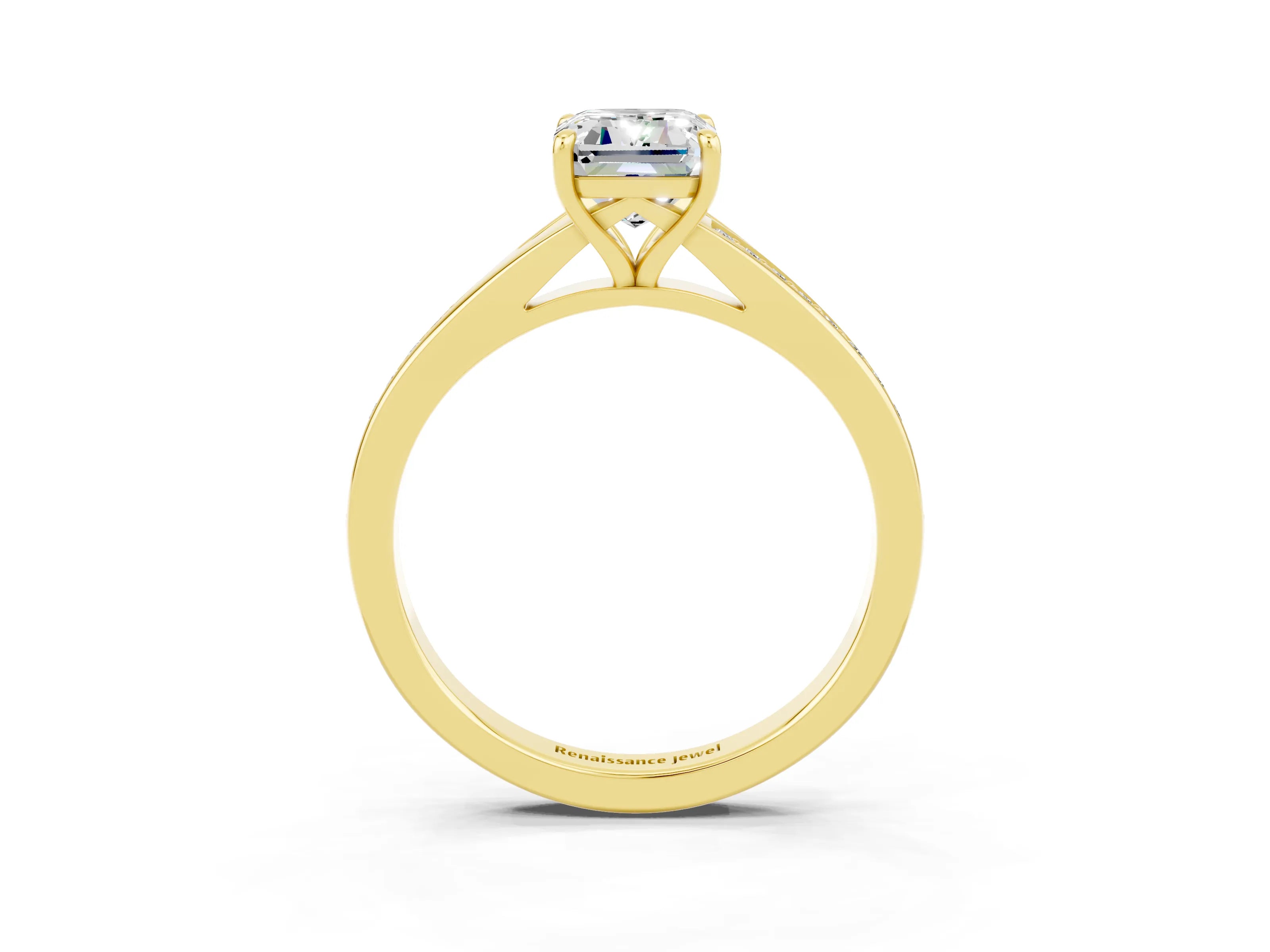 Yellow gold Emerald Cut Moissanite Solitaire Ring with Pavé Band and Prong Setting_27