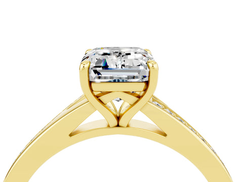 Yellow gold Emerald Cut Moissanite Solitaire Ring with Pavé Band and Prong Setting_28