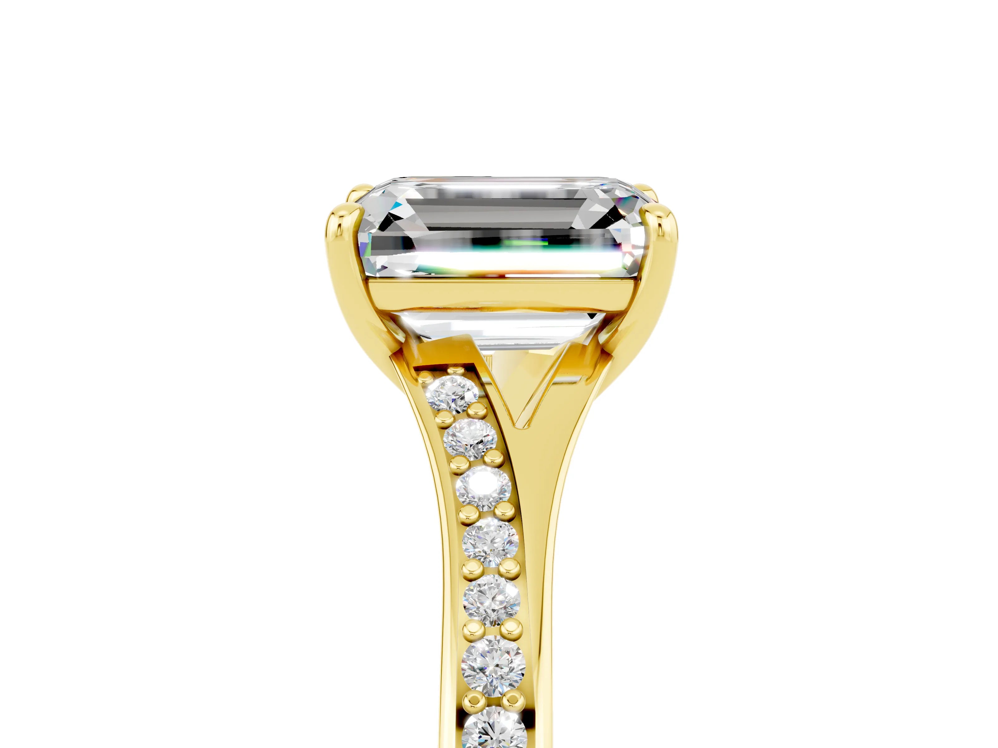 Yellow gold Emerald Cut Moissanite Solitaire Ring with Pavé Band and Prong Setting_29