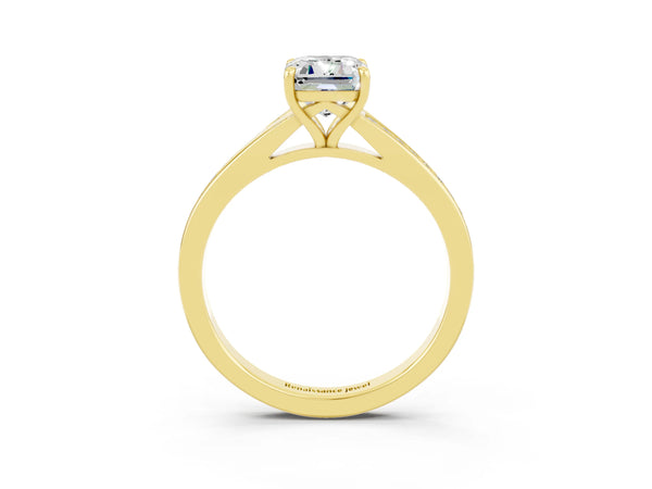 Yellow gold Emerald Cut Moissanite Solitaire Ring with Pavé Band and Prong Setting