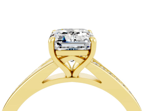 Yellow gold Emerald Cut Moissanite Solitaire Ring with Pavé Band and Prong Setting_4