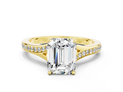 Yellow gold Emerald Cut Moissanite Solitaire Ring with Pavé Band and Prong Setting