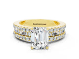 Yellow gold Emerald Cut Moissanite Solitaire Ring with Pavé and Channel Set Band