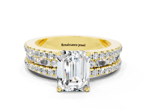 Yellow gold Emerald Cut Moissanite Solitaire Ring with Pavé and Channel Set Band