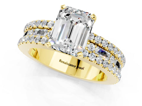 Yellow gold Emerald Cut Moissanite Solitaire Ring with Pavé and Channel Set Band_1