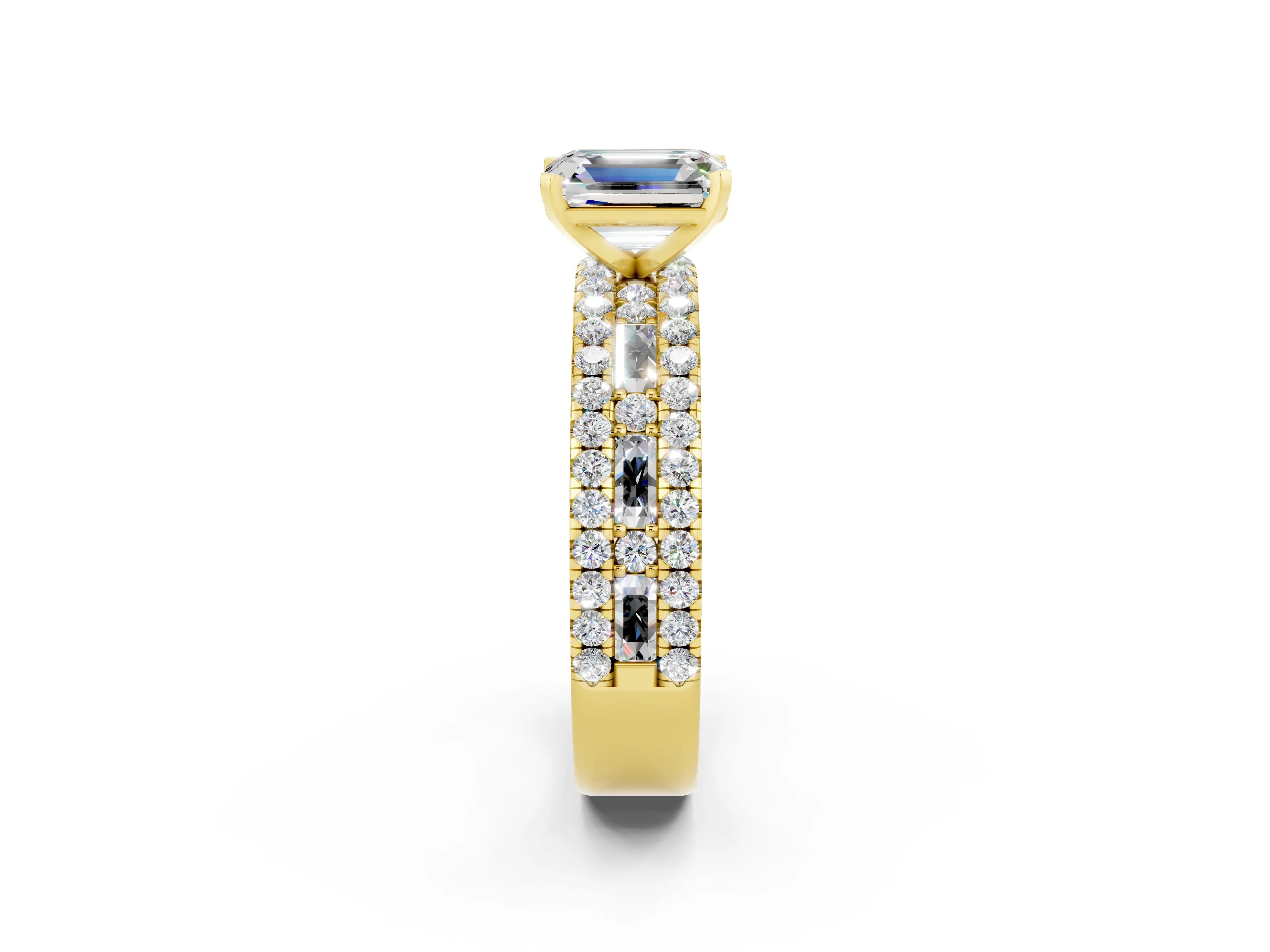 Yellow gold Emerald Cut Moissanite Solitaire Ring with Pavé and Channel Set Band_2