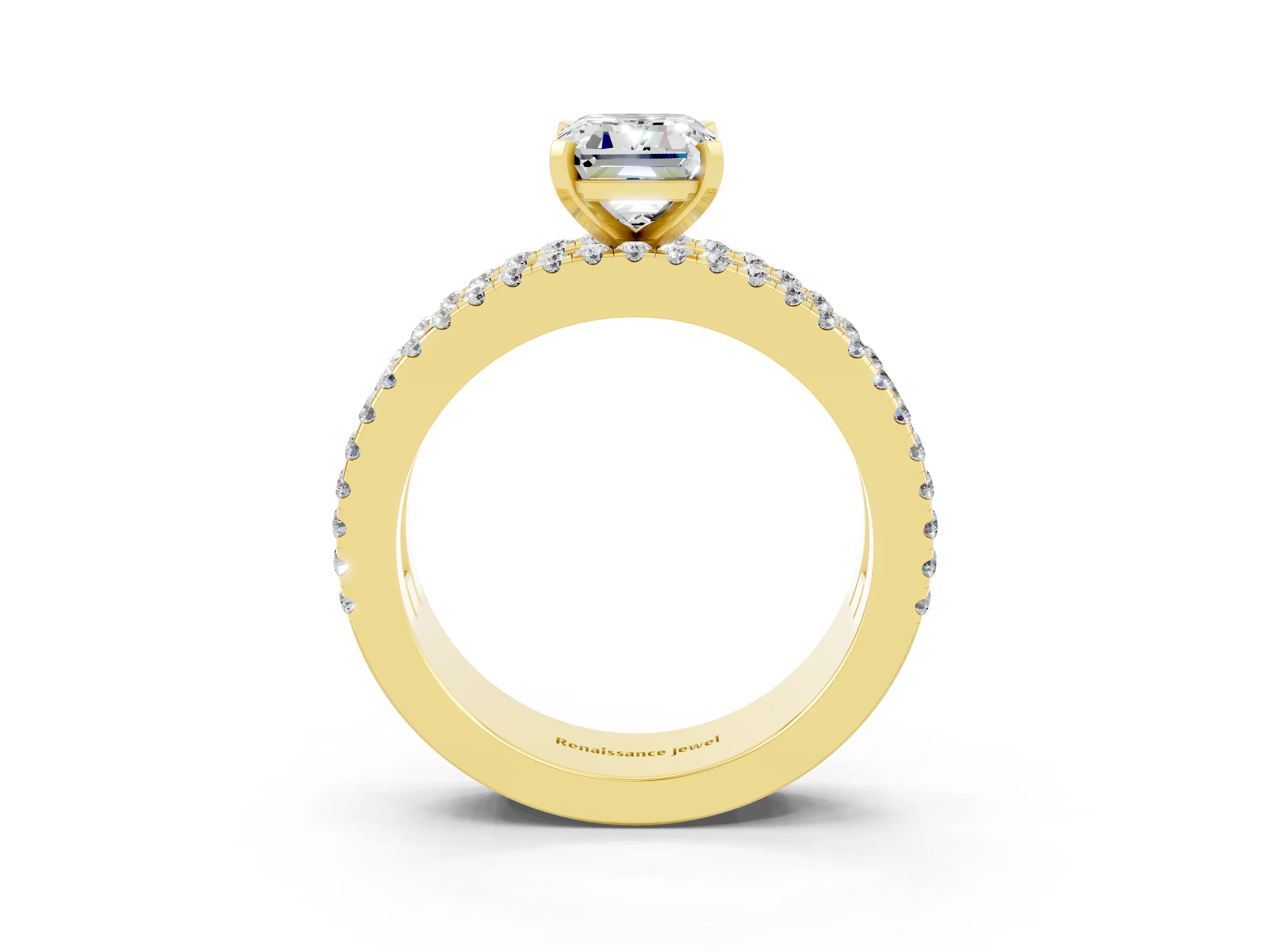 Yellow gold Emerald Cut Moissanite Solitaire Ring with Pavé and Channel Set Band_3