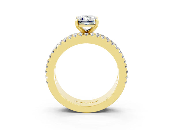 Yellow gold Emerald Cut Moissanite Solitaire Ring with Pavé and Channel Set Band